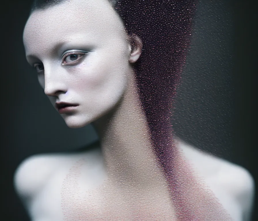 Image similar to cinestill 5 0 d photo portrait of a beautiful hybrid woman in style of paolo roversi by roberto ferri, matt basalt body intricate detailed, intricate sparkling basalt ornamental hair, 1 5 0 mm lens, f 1. 4, sharp focus, ethereal, emotionally evoking, head in focus, radiant volumetric lighting, matt colors outdoor