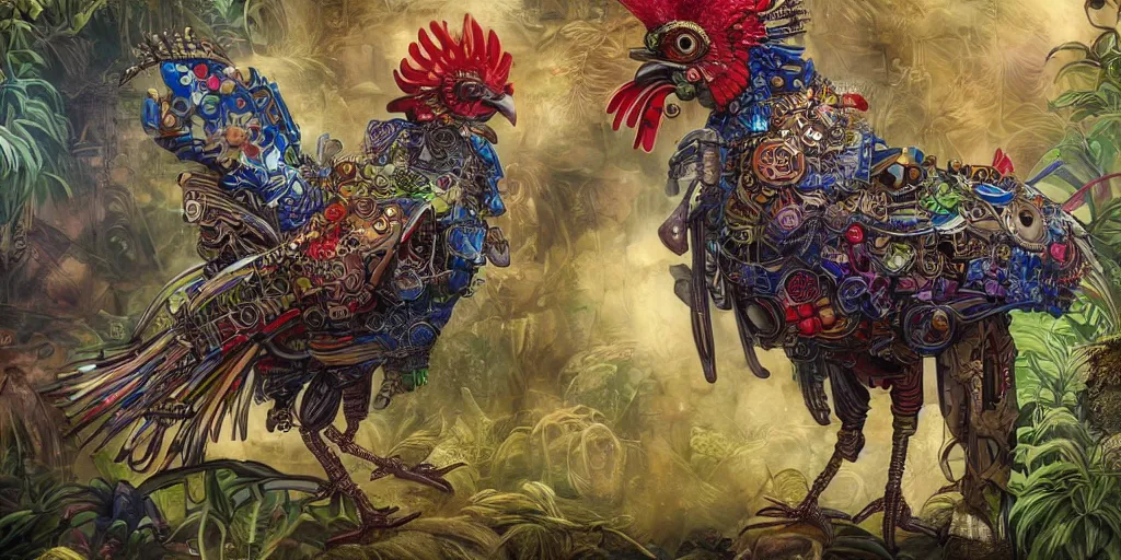 Prompt: colorful illustration of a fully armored mechanical rooster in a dense jungle, steampunk, mix of styles, style combination, hyper detailed, intricate, ominous