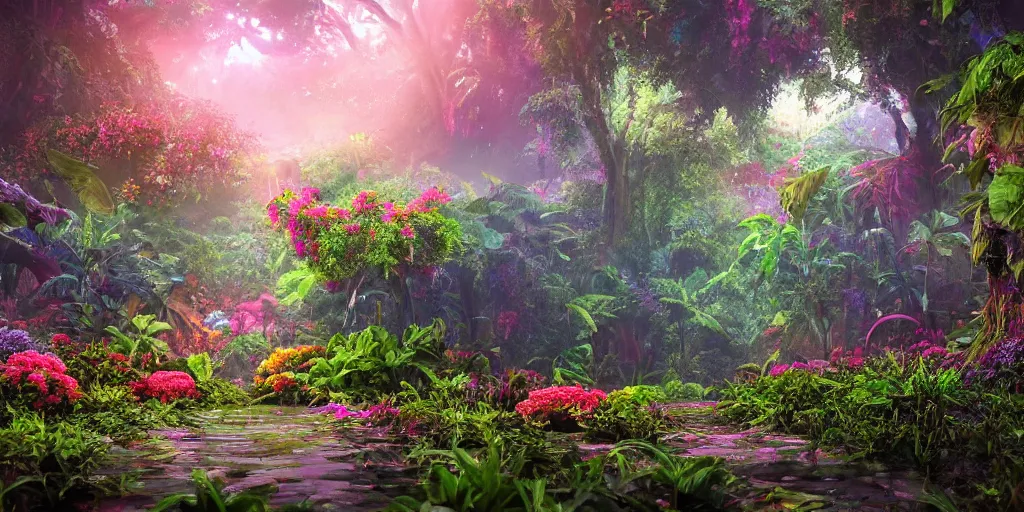 Image similar to An alien jungle, colorful flowers, pathway, reflection, rain, morning light, photorealistic, realistic, high definition, soft light, high definition, detailed, 8k, artstation