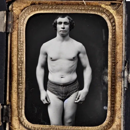 Prompt: An 1840s American daguerreotype of a handsome shirtless man, muscular body, strong arms, visible face, high quality, 8k restored and remastered