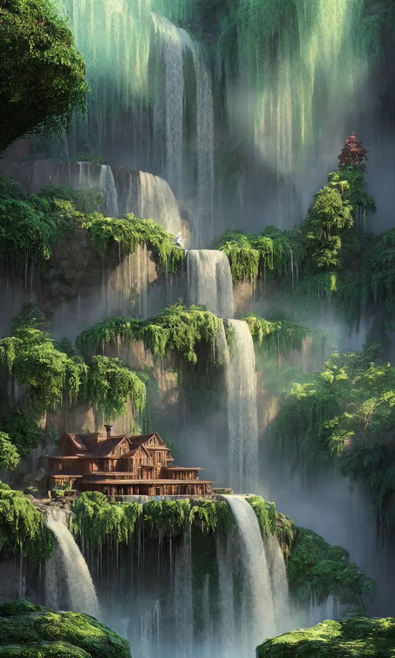 Prompt: beautiful big house, a big waterfall flows down from the mountain, octane render, magic, hyper detailed, cinematic view, no noise, global illumination, warm lighting, volumetric, godrays, vivid, beautiful, by jordan grimmer