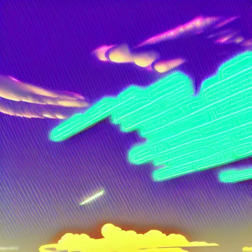 Image similar to a neon robot on the clouds, glowwave, digital art