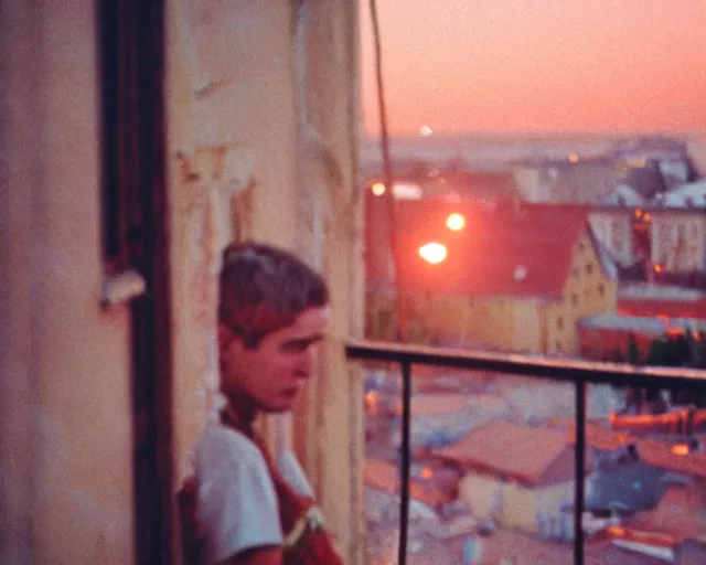 Image similar to lomo photo of pair standing on small hrushevka balcony full with cigarette smoke in small russian town looking at sunset, cinestill, bokeh