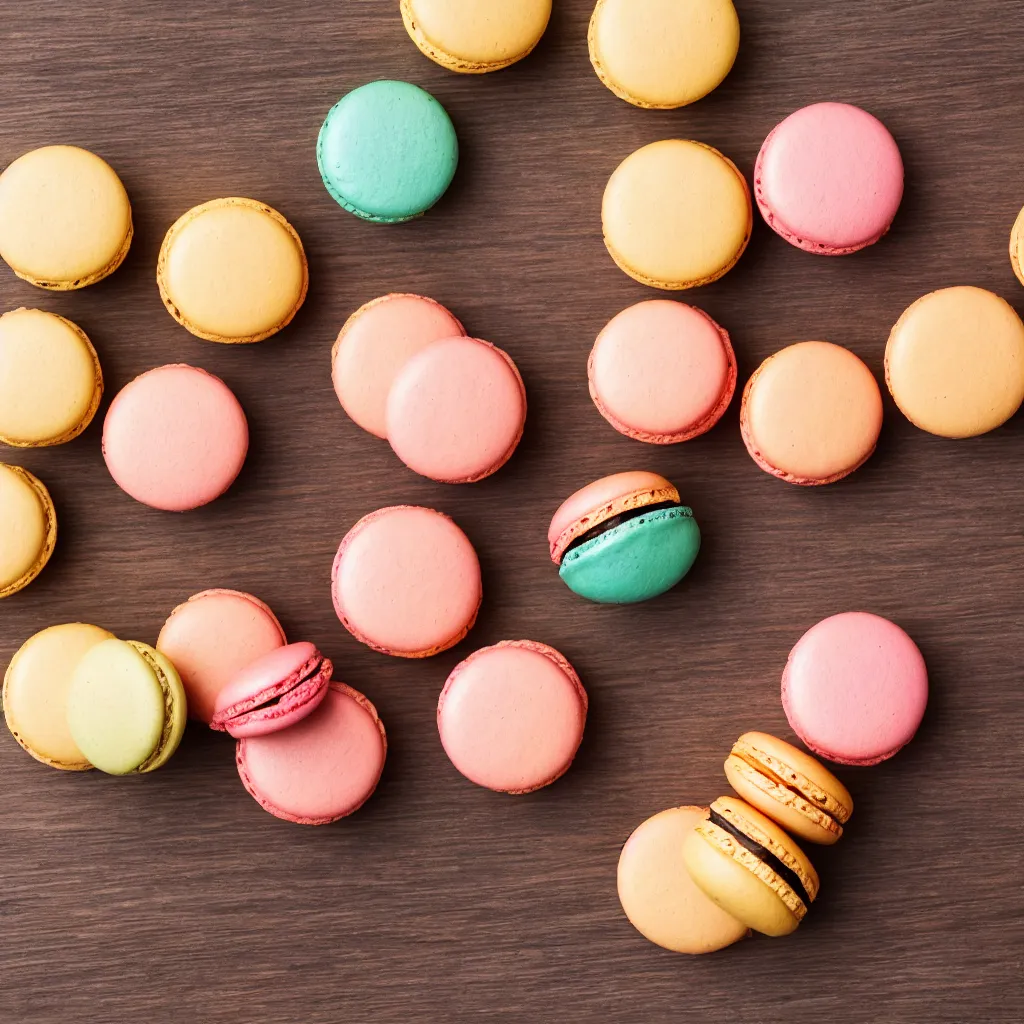 Prompt: top-down view of macarons on top of a wooden table, 4k, photorealistic