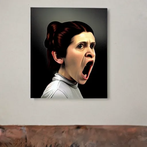 Prompt: a caravaggio artwork film of princess leia screaming, artwork by caravaggio