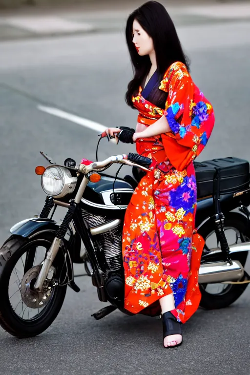 Image similar to full - length photo, young woman, riding a motorcycle, wearing japanese kimono, high heels, 4 k, colourful