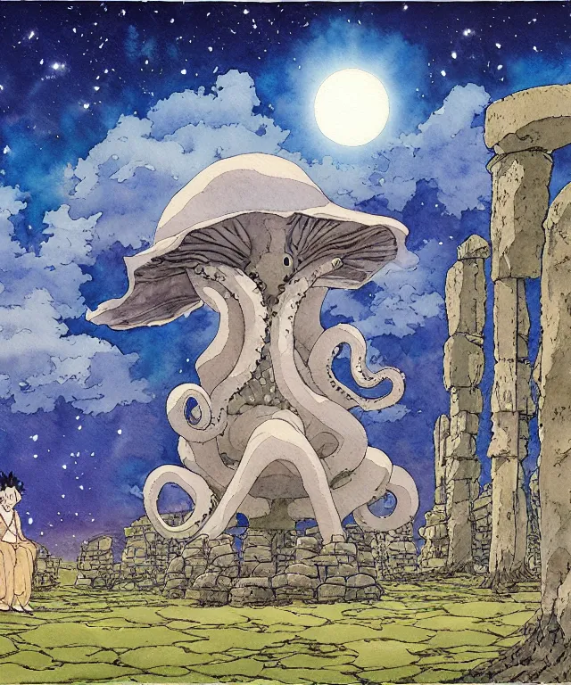 Prompt: a hyperrealist studio ghibli watercolor fantasy concept art. in the foreground is a giant grey octopus sitting in lotus position on top of stonehenge with shooting stars all over the sky in the background. by rebecca guay, michael kaluta, charles vess