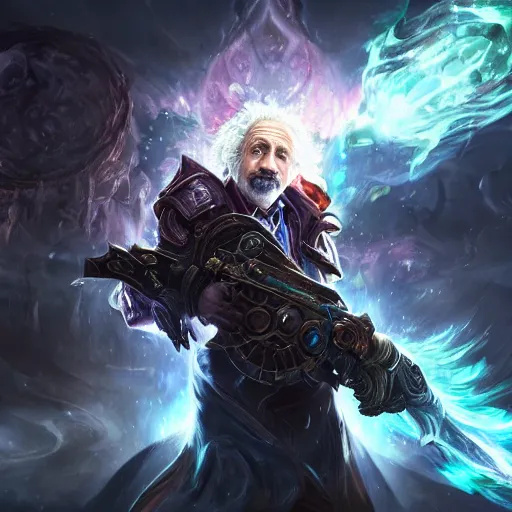 Image similar to Portrait of Albert Einstein as a spellcaster, League of Legends amazing splashscreen artwork, Gears of War, splash art,natural light, elegant, photorealistic facial features, intricate, fantasy, detailed face, atmospheric lighting, anamorphic lens flare, cinematic lighting, league of legends splash art, hd wallpaper, ultra high details by Greg rutkowski