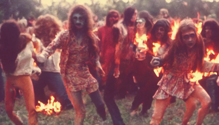 Prompt: 7 0 s film still from a horror movie about a dance party at a bonfire with human sacrifice, kodachrome, cinecolor, cinestill, film grain, film texture, retro, cinematic, high resolution, photorealism,