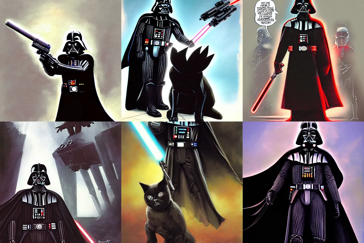 Prompt: Darth Vader\'s cat commanding stormtroopers, by Doug Chiang