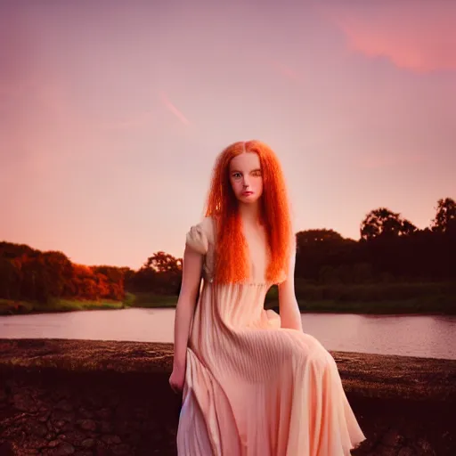 Prompt: photographic portrait of a stunningly beautiful english renaissance female in soft dreamy light at sunset, beside the river, soft focus, contemporary fashion shoot, hasselblad nikon