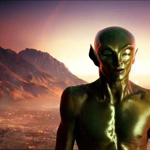 Prompt: a beautiful athletic male god alien with holographic skin, blockbuster movie still, cinematic, beautiful, 8 k