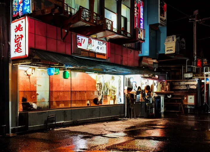 Prompt: exterior of an open cyberpunk ramen place during a rainy night in the style of salvadore dali