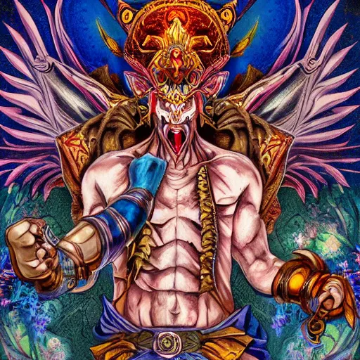 Prompt: 4 k headshot of godlike jester with defined arms and open hands and bloody clothes with giant mandala wings, intricate face, flawless anime cel animation by kentaro miura, psychedelic, highly detailed upper body, professionally post - processed, beautiful, scary, symmetry accurate features, epic, octane rendered, anime masterpiece, accurate