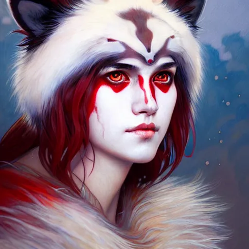 Image similar to Portrait of Princess Mononoke with red facepaint under her eyes, white fur, face, fantasy, intricate, elegant, highly detailed, digital painting, artstation, concept art, smooth, sharp focus, illustration, art by Fernanda Suarez and Artem Demura and alphonse mucha