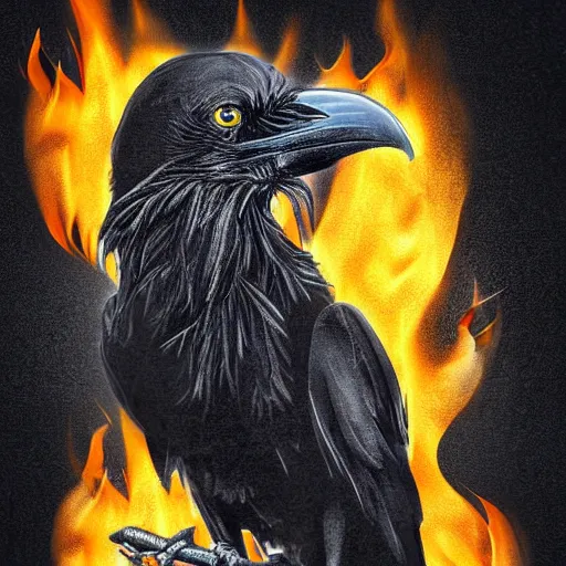 Image similar to anthropomorphic art of a raven wearing a layered yellow coat, holding a black flame, dark, moody, smooth, digital art, high detail, volumetric lighting.