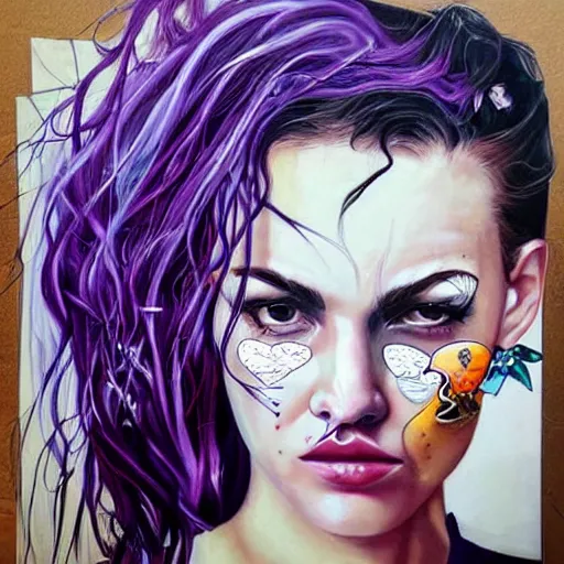 Prompt: very very cute portrait of beautiful woman with long purple hair by Sandra Chevrier