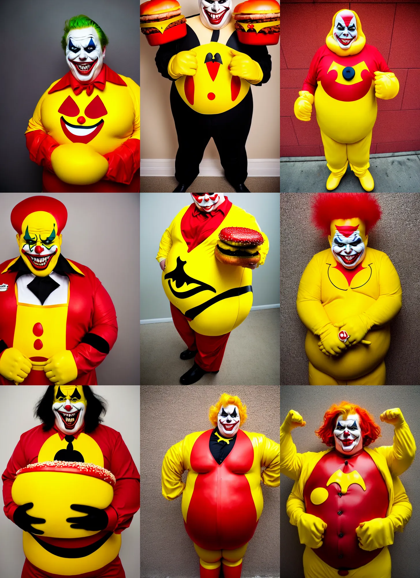 Prompt: wide angle lens portrait of a very chubby sinister looking joker dressed in yellow and red rubber latex Ronald Macdonalds costume, carrying a sloppy huge hamburger, red hair, a Macdonalds logo on his chest, art inspired by Oleg Vdovenko