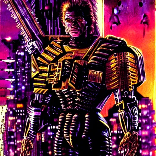 Image similar to schwarzenegger as cyberpunk knight, atmospheric lighting, painted, intricate, golden hour, ultra detailed by philippe druillet