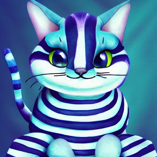 Image similar to cute blue striped cheshire cat. an adorable cat with light blue stripes, blue eyes and a big mischievous smile. stunning digital art by eva balloon. fluffy, soft