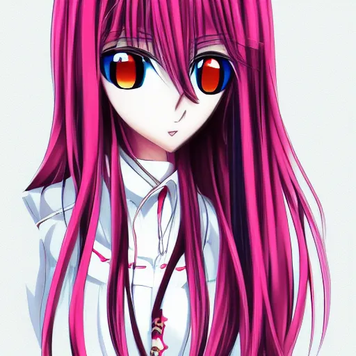 Image similar to an anime girl with long hair and pink eyes, an anime drawing by Jin Homura, featured on pixiv, neo-romanticism, anime, pixiv, deviantart hd
