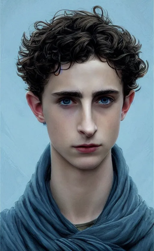 Image similar to beautiful paul atreides timothee chalamet with a three day beard, emperor of the known universe, completely blue eyes, perfect dramatic and dark portrait insanely detailed, concept art, deep focus, intricate, highly detailed, digital painting, artstation, matte, sharp focus, illustration, art by greg rutkowski and alphonse mucha, low angle, dominant eye