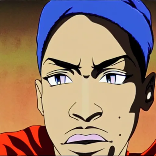 Image similar to Tupac Shakur, screenshot from a 2012s anime