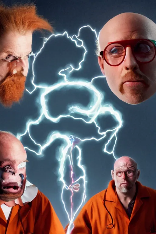 Prompt: a man with 3 eyes, man with a 3rd eye in the middle of his forehead, an awkwardly tall mad scientist with a 3rd eye a tangled orange beard balding head and unruly red hair wearing a labcoat, high resolution film still, movie by Robert Zemeckis and Ivan Reitman, 3rd eye in the middle of his forehead