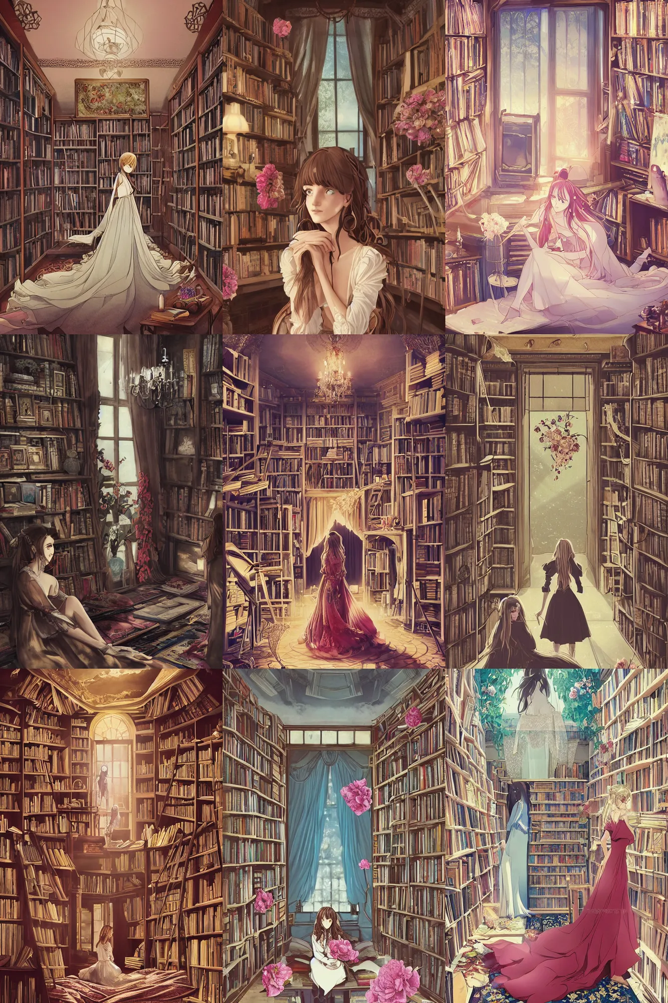 Prompt: room of the nameless painter, luxury castle library, a cinematic boy girl traditional romance solving mysteries moment wearing boho clothing and peonies, Emma Watson, silhouette against the background, bestselling movie art poster, official media, 1970s fashion, official anime media, elegant decollete, dynamic pose, nature, illustration, incredible art by artgerm and greg rutkowski and doja cat