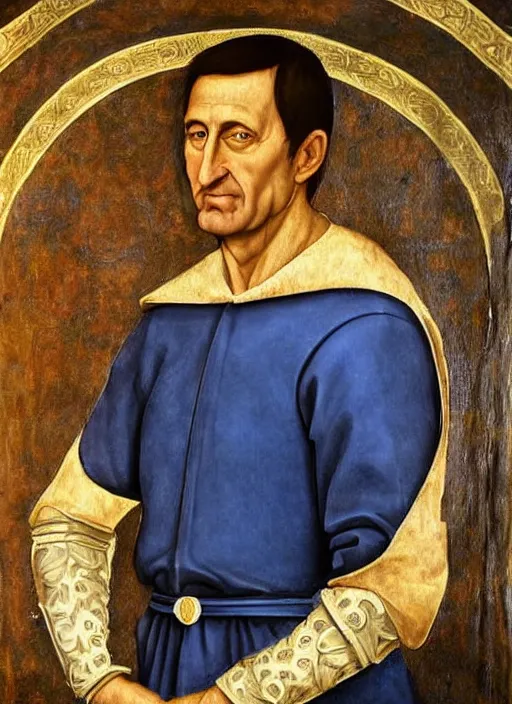 Prompt: high detailed renaissance portrait of mike krzyzewski as the god king emperor, blue devils, basketball