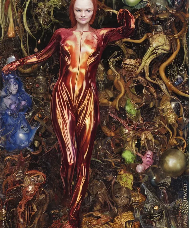 Image similar to a portrait photograph of a alien super villian with slimy skin and wings. she looks like a mutated sadie sink and is trying on a colorful infected bulbous shiny organic catsuit. by donato giancola, hans holbein, walton ford, gaston bussiere, peter mohrbacher and brian froud. 8 k, cgsociety, fashion editorial