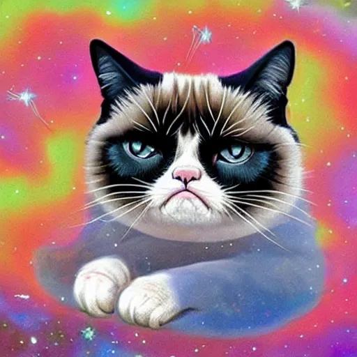 Image similar to Grumpy cat bathing in the opalescent cosmos, his worries melting away leaving a slight smirk on relaxed face, surrounded by stars and fancy feast, his decadence knows no bounds, he is grumpy no more