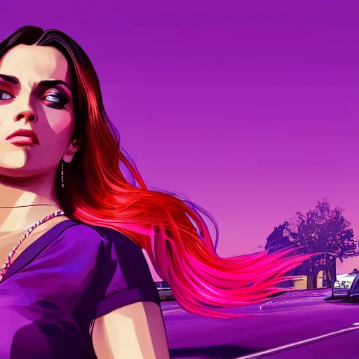 Image similar to a stunning GTA V loading screen with a beautiful woman with ombre hairstyle in purple and pink blowing in the wind, city streets, golden ratio, digital art, trending on artstation