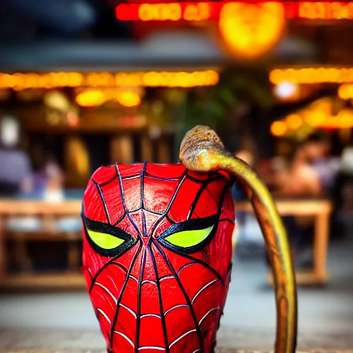 Prompt: a closeup photorealistic capture of glossy spider man style tiki mug at an outdoor trader vic's bar featuring the face of spider man. tiki theme. bright scene. fine detail. this 4 k hd image is trending on artstation, featured on behance, well - rendered, extra crisp, features intricate detail, epic composition and the style of unreal engine.