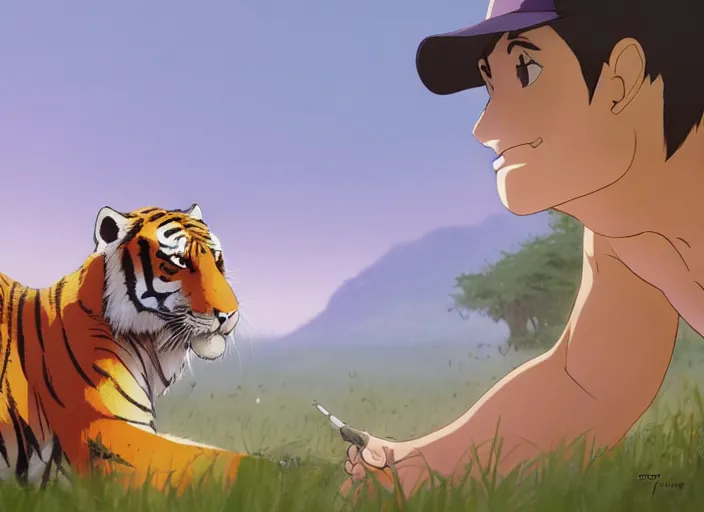 Image similar to a key shot of Tiger looking at bunny animation at mid-day, medium shot, waist up, studio Ghibli, Pixar and Disney animation, sharp, key art by Greg Rutkowski, dramatic lighting, flat texture