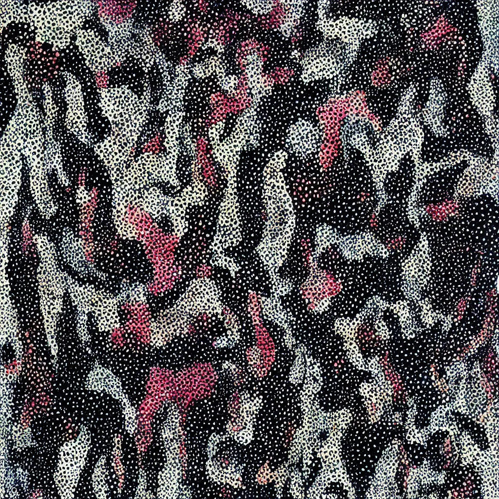 Image similar to camo made of teeth, smiling, abstract, rei kawakubo artwork, cryptic, dots, stipple, lines, splotch, color tearing, pitch bending, color splotches, hearts, dark, ominous, eerie, minimal, points, technical, old painting