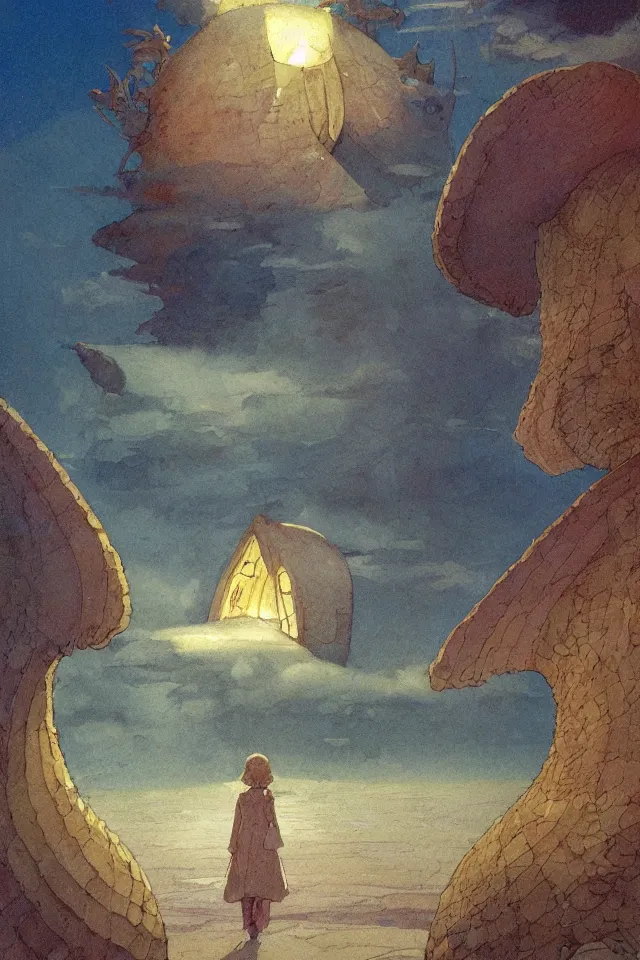 Prompt: painting of a single giant seashell house where a young girl lives by moebius and john harris, atmospheric, concept art