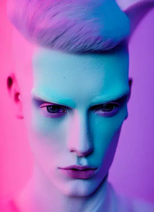 Image similar to high quality pastel coloured film close up selfie photograph of an androgynous cyber model standing in an icelandic black rock environment. three point light. photographic. art directed. pastel colours. volumetric light. stark. waves glitch. 8 k. filmic.