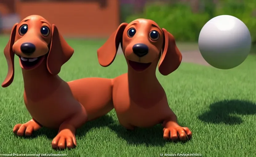 Prompt: happy dachshund catching a ball, cgi, 3 d animation, pixar