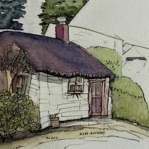 Image similar to a watercolor and ink painting of a cottage, drawn on white parchment paper, vibe, atmosphere, detailed, muted colors, by greg rutowski and ryan berkley