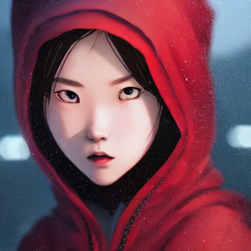 Prompt: chinese girl with red hoodie. insanely detailed. by wlop, ilya kuvshinov, krenz cushart, greg rutkowski, pixiv. octane, maya, houdini, vfx, pixar. close up cinematic dramatic atmosphere, sharp focus, volumetric lighting
