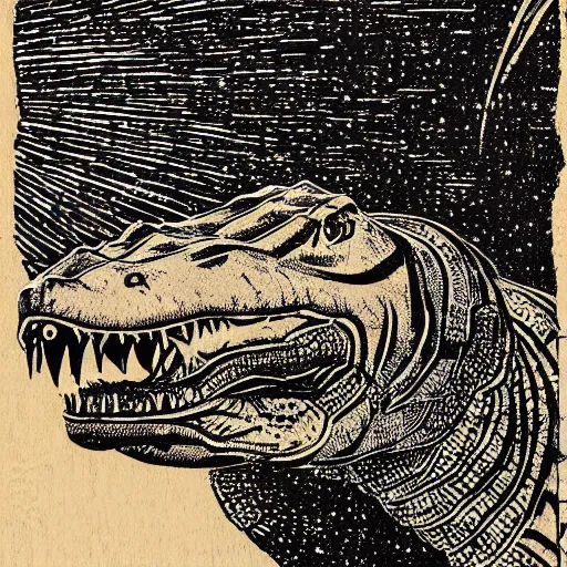 Image similar to Woodcut portrait of a beautiful cute crocodile with robot ears by falling into the stars greg rutkowski, 4k, intricate details