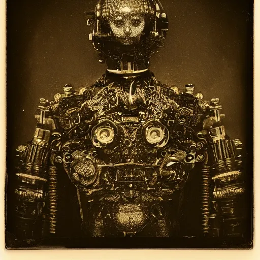 Image similar to old wetplate daguerreotype portrait of the pleasure bot, explosion of data fragments, fractal, intricate, elegant, highly detailed, parallax, leica, medium format, subsurface scattering, by jheronimus bosch and greg rutkowski and louis jacques mande daguerre,