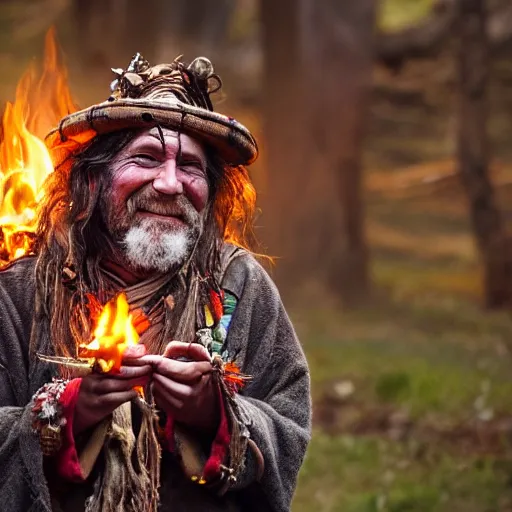 Image similar to hippie tribal hobo witch doctor wearing twigs and leaves smiling sheepishly, campfire, bong, water pipe, highly detailed, dramatic lighting, night time, cinematic, hyperrealistic, detailed, movie still from game of thrones