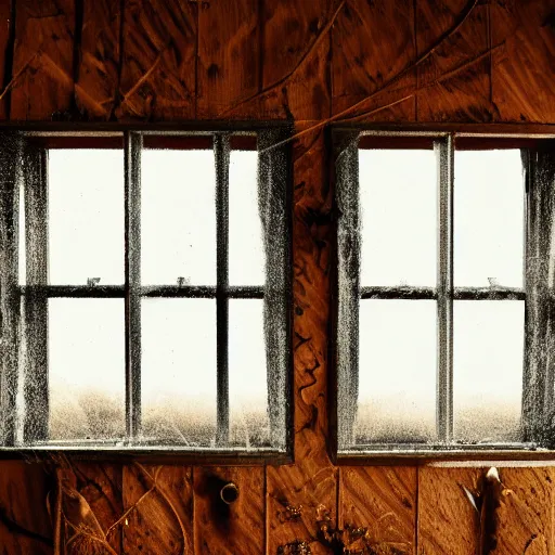 Prompt: a film production still, 2 8 mm, wide shot of a cabin interior, wooden furniture, cobwebs, spiderwebs, window light illuminates dust in the air, abandoned, depth of field, cinematic