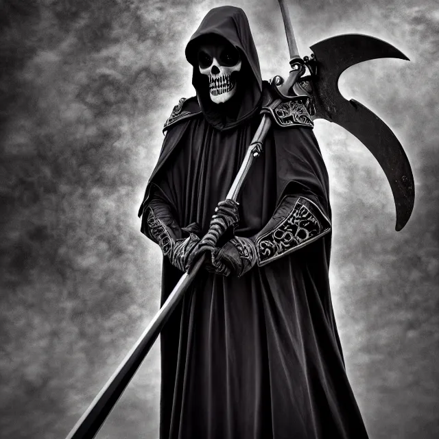 Image similar to armoured grim reaper with ornate scythe, highly detailed, 4 k, hdr, close up, portrait, smooth, sharp focus, high resolution, award - winning photo