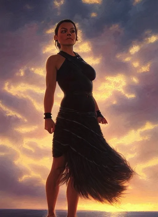 Prompt: Mila Kunis wearing black choker, epic portrait of a very strong muscled Amazon heroine, sun beams across sky, pink golden hour, stormy coast, intricate, elegance, highly detailed, shallow depth of field, epic vista, concept art, art by Artgerm and Donato Giancola, Joseph Christian Leyendecker