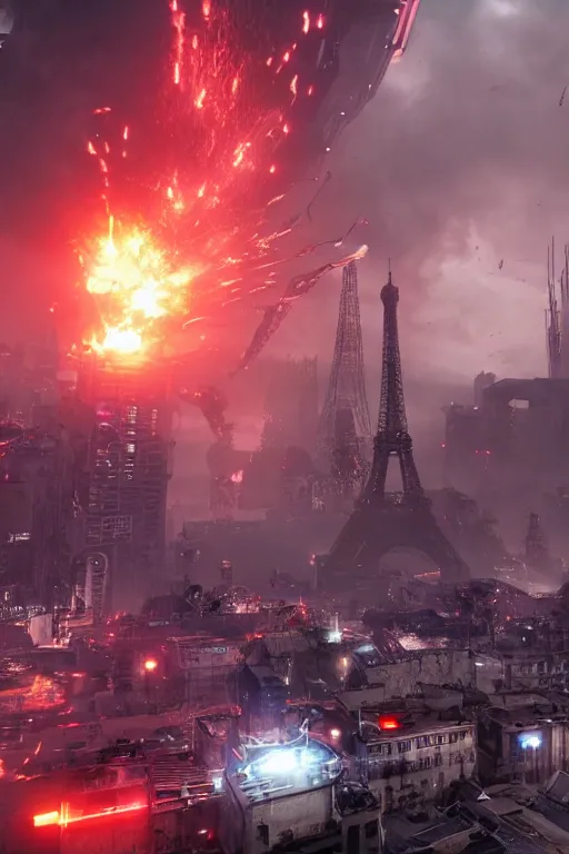 Image similar to paris cyberpunk attacked by aliens, lots of explosions and destroyed building, realistic, high definition, many details, dramatic scene, detailed and realistic hands, symmetrical face, realistic eyes, art of unreal engine 5