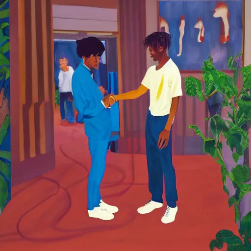 Image similar to painting of Steve Lacy shaking hands with Playboi Carti