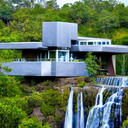 Image similar to a futuristic modern house, on a floating rock island, alien planet covered in water, multiple waterfalls, multiple moons glowing, stars, frank gehry